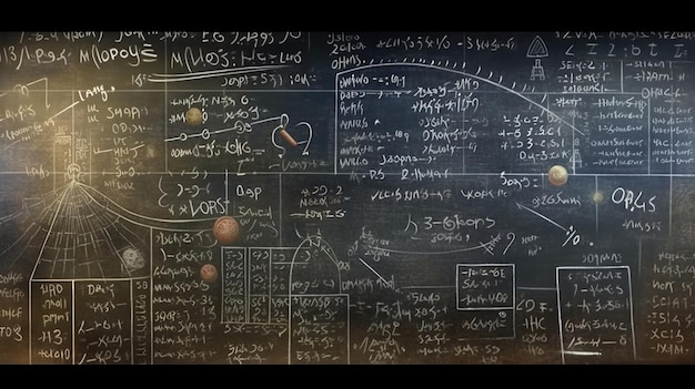 物理学と数学の科学式と計算が刻まれた黒板