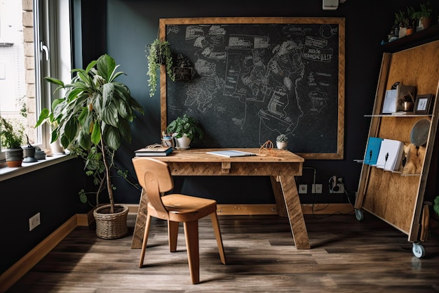 Photo blackboard recycled furniture and a raw bright interior