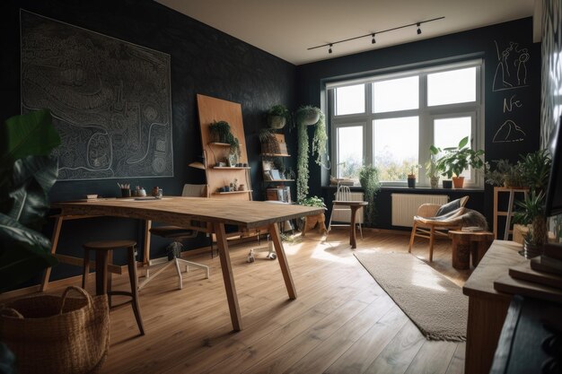 Photo blackboard recycled furniture and a raw bright interior