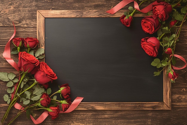 Blackboard verbeterd door elegante rode rozen en delicate hart lint