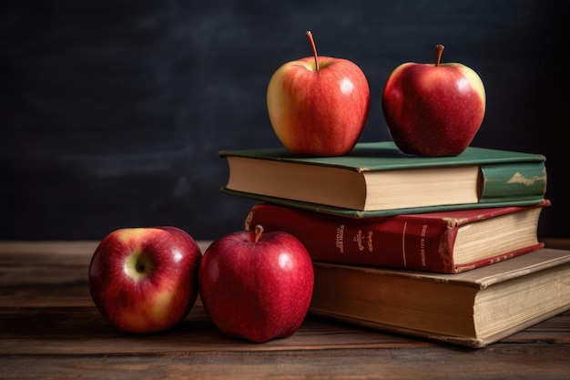 Blackboard with books and apples on wooden desk Back to school concept Generative AI