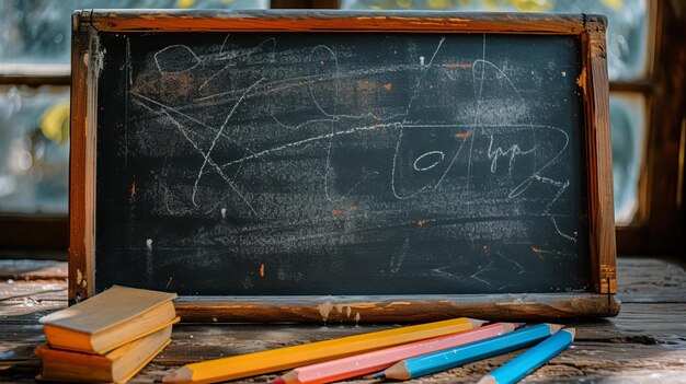 Photo blackboard with books and pencils