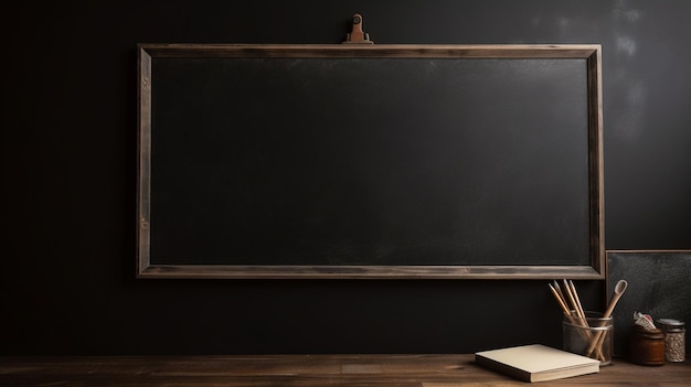 A blackboard with a chalkboard on the floor in a dark room.