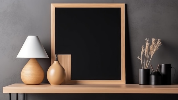 A blackboard with a chalkboard and a lamp on it.