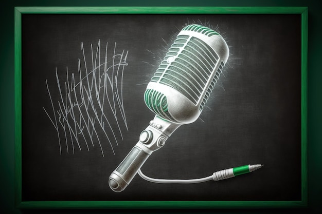 Blackboard with drawn studio microphone podcast concept background Generative AI