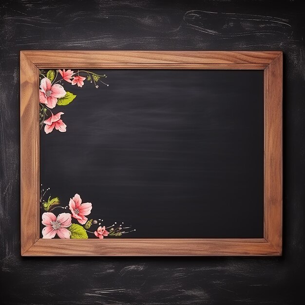 a blackboard with flowers and a wooden frame