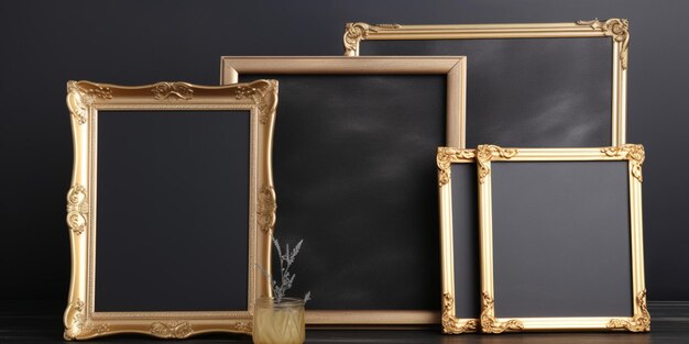 A blackboard with gold frames on it