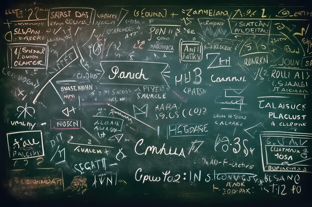 Foto lavagna con l'iscrizione di formule e calcoli scientifici in fisica e