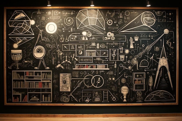 a blackboard with a picture of a room with a lot of stuff on it