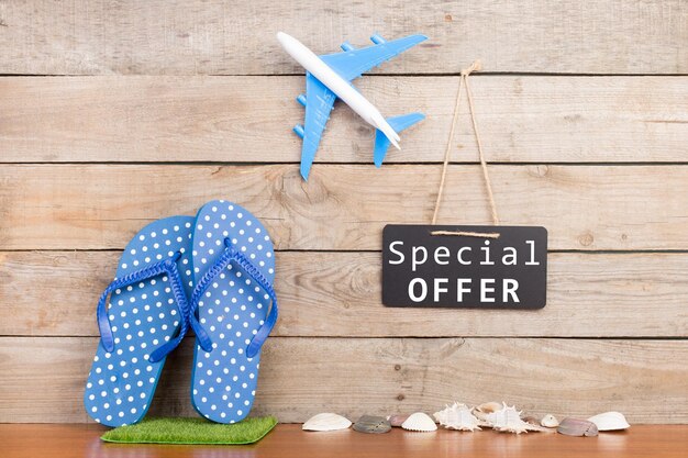 Blackboard with text Special OFFER plane seashells on brown wooden background