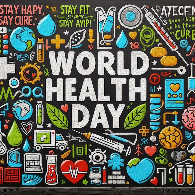 Blackboard with text world health day and stethoscope