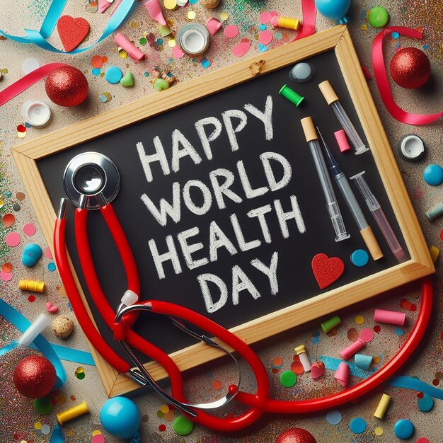 Blackboard with text world health day and stethoscope