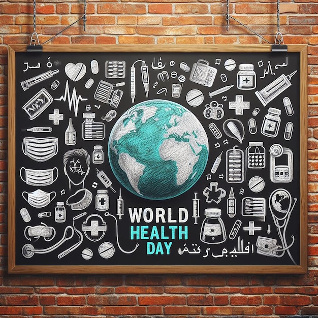 Blackboard with text world health day and stethoscope