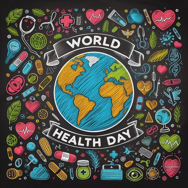 Blackboard with text world health day and stethoscope