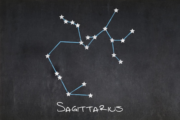 사진 중간 에 사지타리우스 별자리 가 그려진 블랙보드