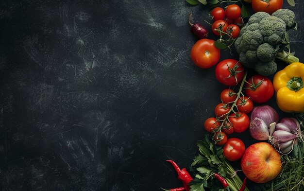 a blackboard with vegetables on it and a black background