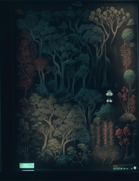 A blackboard with a whimsical illustration of a magical forest