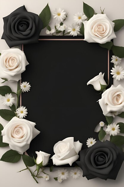 Photo blackboard with white roses and flowers 3d render