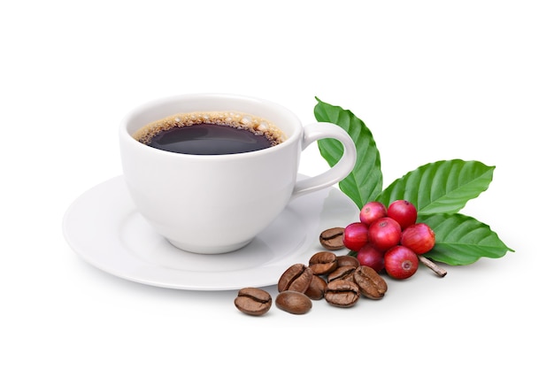 Blackcoffee with roasted and red coffee beans isolated on white background.