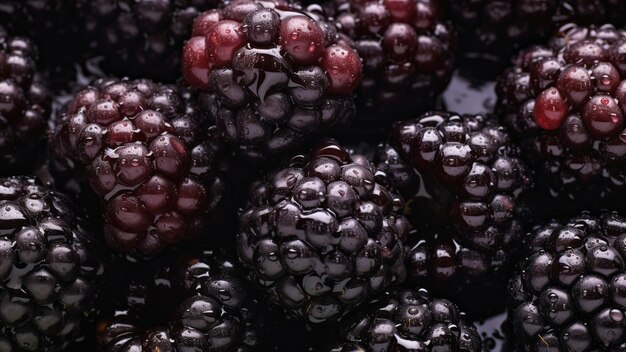 Blackeberries background with drops of water Top down view