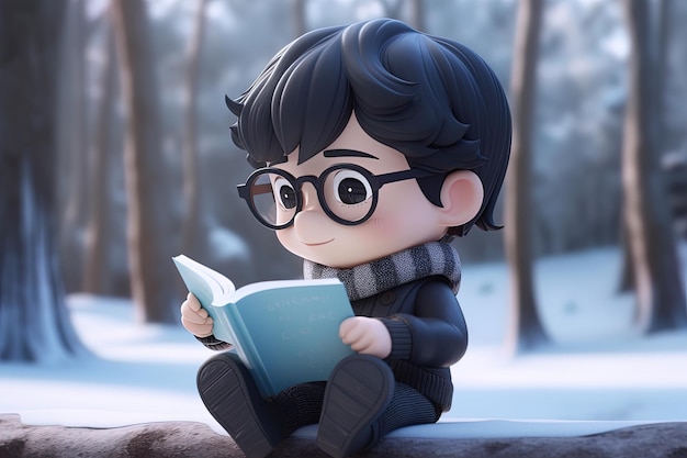 Blackhaired boy in glasses reading a book in a snowy park 3d generated