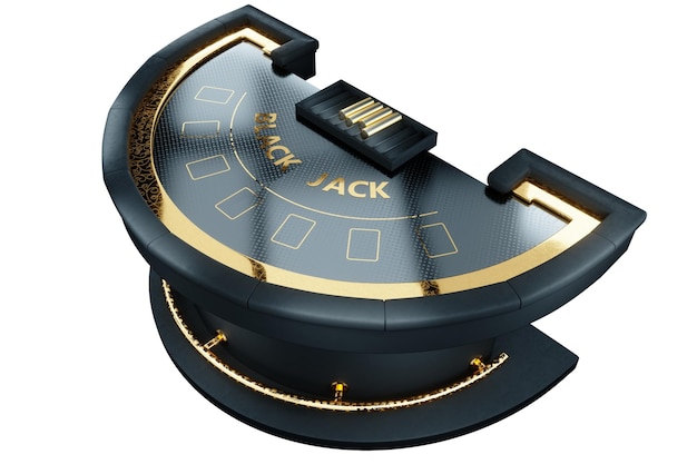 Tavolo da gioco di carte blackjack isolato su sfondo bianco vista dall'alto vip di lusso in stile nero e oro il concetto di giochi di carte da gioco da casinò rischio di scommesse online rendering 3d illustrazione 3d