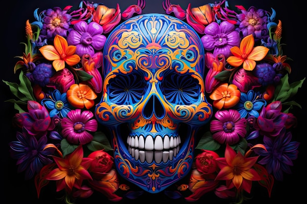 Blacklight Floral Sugar Skull Neon Hues Patterns in Vibrant Painting Generative AI