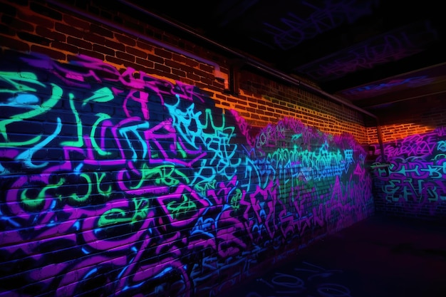 Blacklight and uvreactive graffiti on brick walls created with generative ai