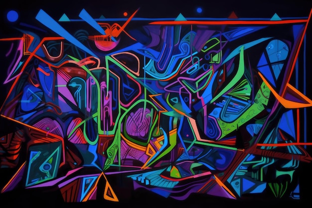 Blacklight and uvreactive painting of abstract shapes and lines created with generative ai