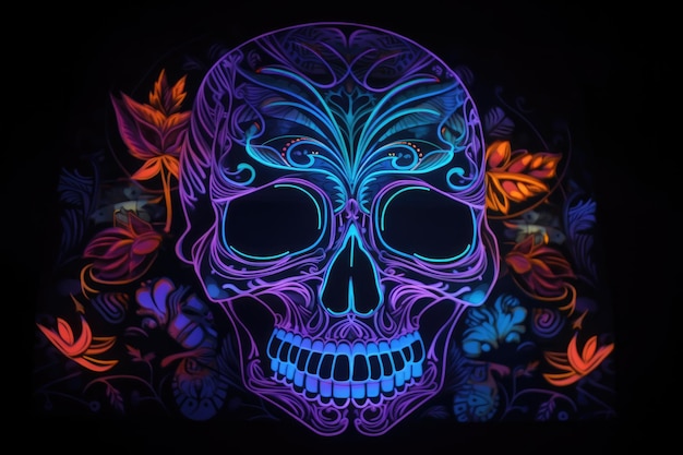 Blacklight and uvreactive piece of art on black background created with generative ai