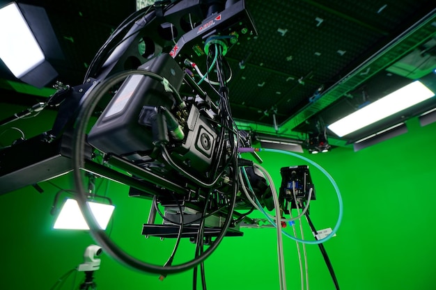 Blackmagic ursa in green screen studio for virtual production and vfx with trackman ceiling markers