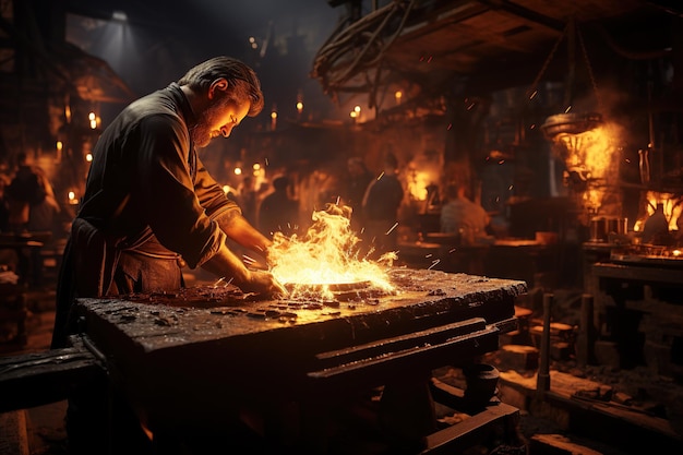 Blacksmith at the Anvil: A blacksmith crafts metal objects by hammering heated iron,Generated with AI