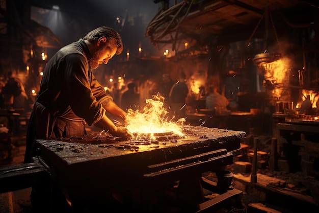 Blacksmith at the Anvil: Een smid maakt metalen voorwerpen door verhitte ijzer te hameren, gegenereerd met AI