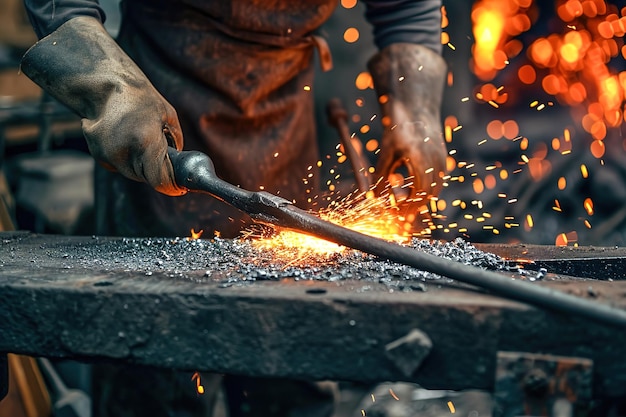 A blacksmith creating metalwork with traditional tools
