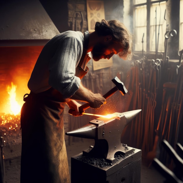 Blacksmith hammers hot metal on an anvil surrounded by the warm glow of the forge