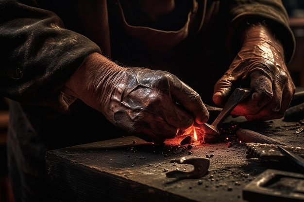 A blacksmith's hands forging a piece of hot metal