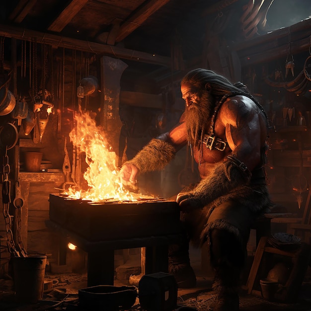 Blacksmith working in a firey forge