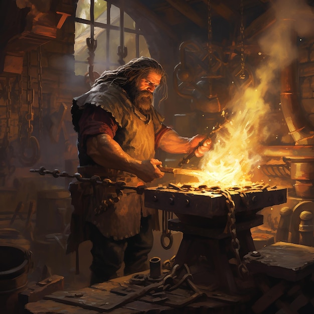 Blacksmith working in a firey forge