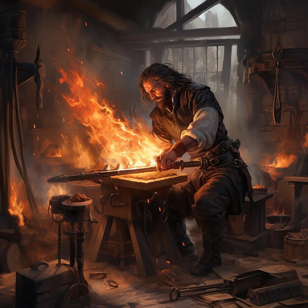 Blacksmith working in a firey forge