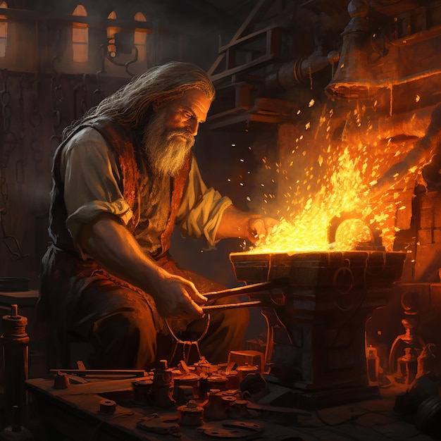 Blacksmith working in a firey forge