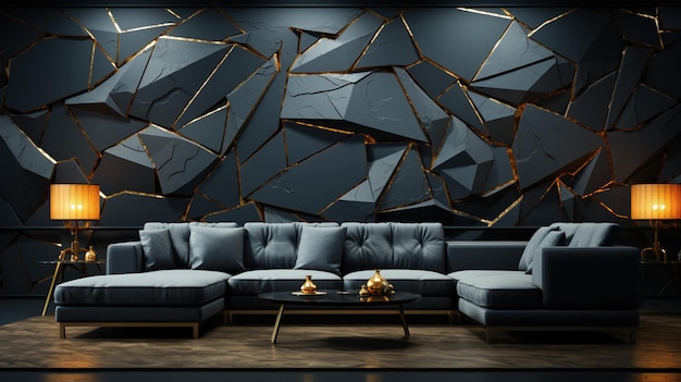 Blackthemed large living room interior with a fireplace on the dark stone wall empty blank nobod