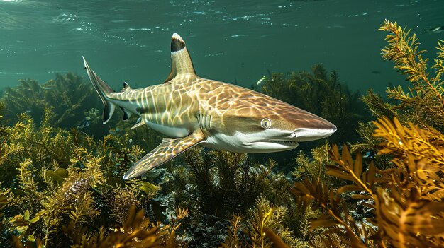 Blacktip reefs shark swimming in deep and dark green water Generative Ai