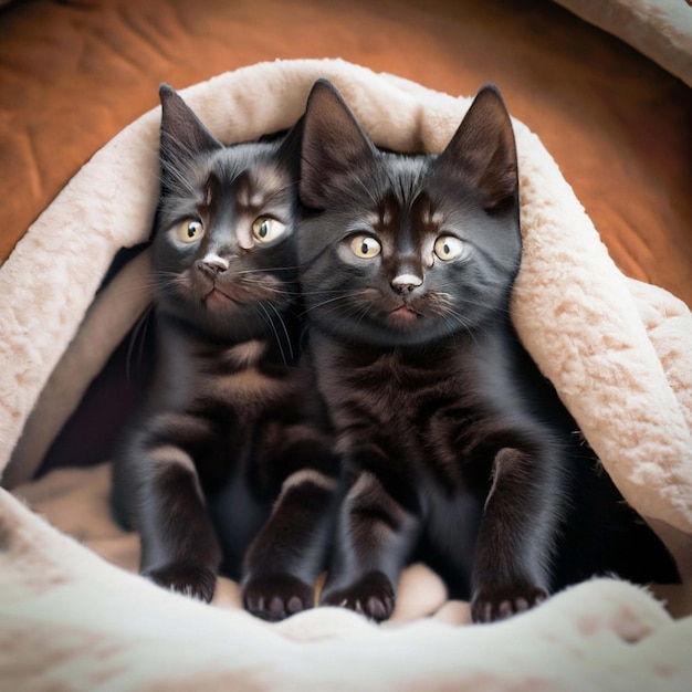 blackwhite cute adorable kittens cuddled up together in a cozy blanket fort