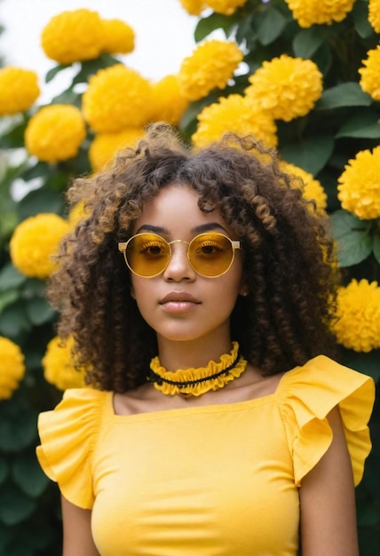 Blackwomaninher20swithcurlyhairwearingyellow sunglasses