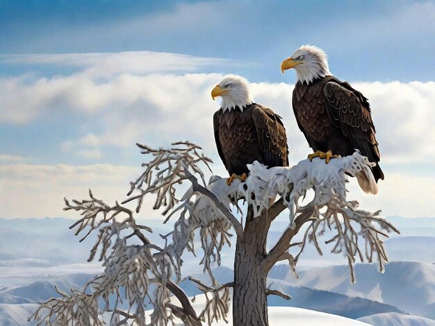 Blad eagles under the snowy sky and sitting on a frostcovered tree