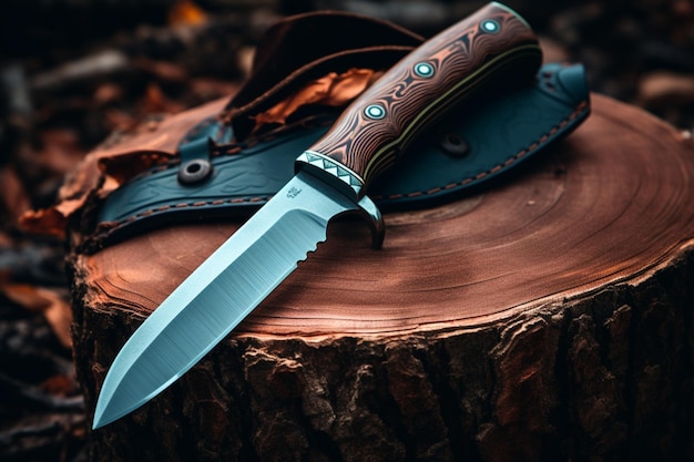 Blade display hunting knife resting on a rustic wooden background