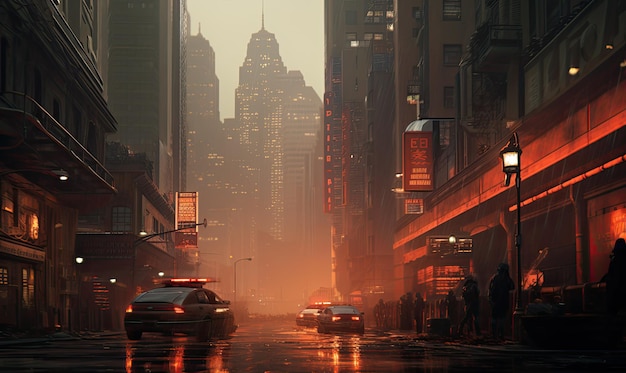 Blade runner cityscape of the city in the fog 3d render