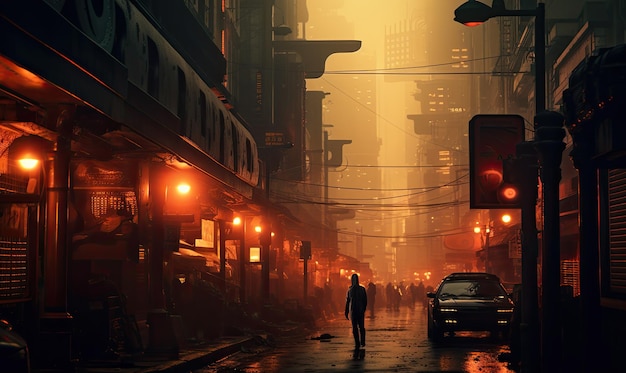 Blade runner stadsgezicht van de stad in de mist 3d render