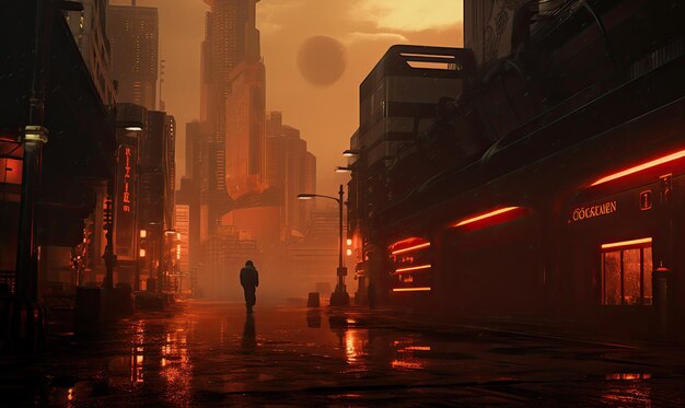 Blade runner stadsgezicht van de stad in de mist 3d render