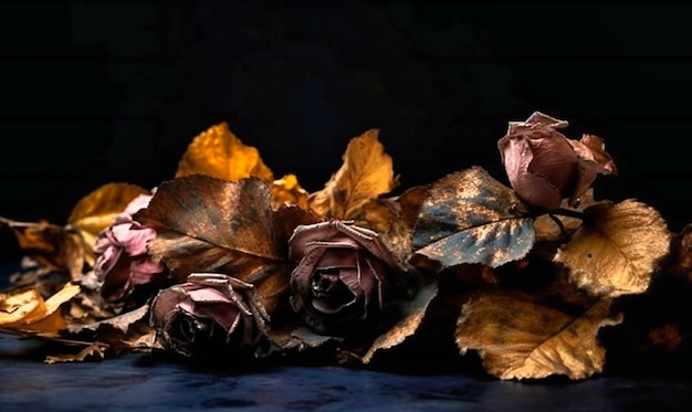 bladeren en rozen zijn verspreid over een zwarte achtergrond
